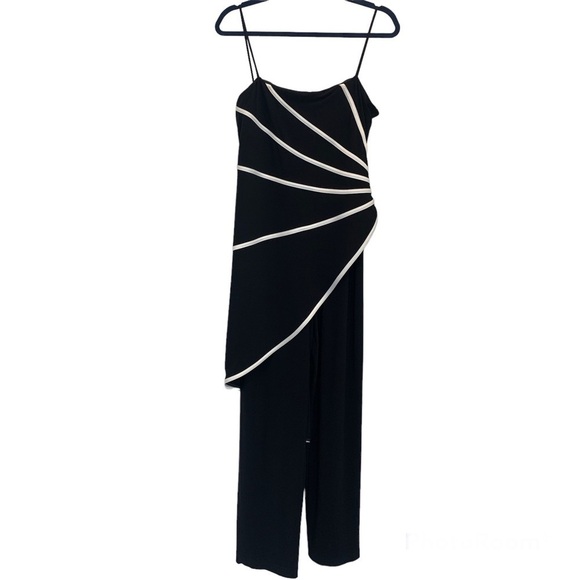 Joseph Ribkoff black draped white trim asymmetrical jumpsuit Sz 12 - Picture 1 of 13